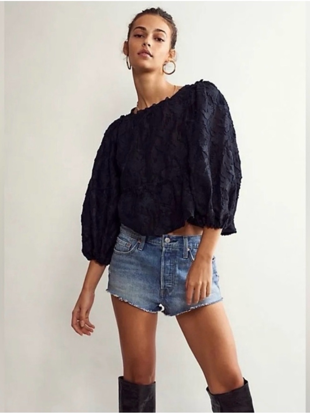 Free People Callie Puff Sleeve Flocked Tie Back Open Top Black Size XS